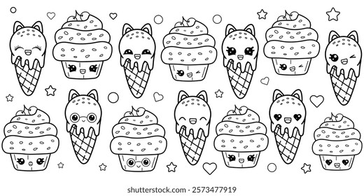 Set of coloring pages of funny cupcakes and ice cream in kawaii style, isolated sweet vector illustration on white background