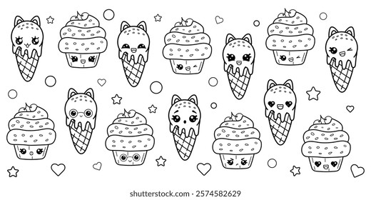 Set of coloring pages of funny cupcakes and ice cream in kawaii style with different emotions, isolated character vector illustration on white background