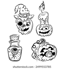 Set of coloring pages for Halloween. Freehand drawing, isolate on a white background. Vector