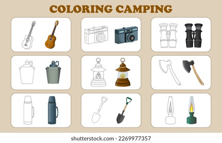 Set of coloring pages on the theme of summer and travel. Bright coloring elements for camping. Coloring book vector illustration.