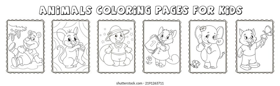 Set of the coloring pages outline. Cartoon smiling cute bear with tree, cat with calendar, mouse, elephant, cat with ice cream. Colorful vector illustration, animals coloring book for kids.