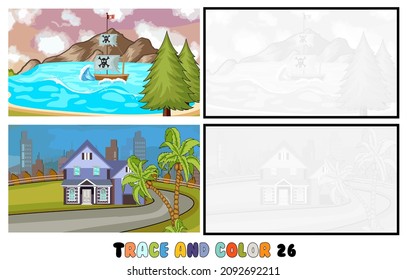 set of coloring pages ,Trace and color, sea ,park, city Collection of 2 illustrations. Coloring book. vector Illustration for children 