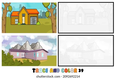 set of coloring pages ,Trace and color, sea ,park, city Collection of 2 illustrations. Coloring book. vector Illustration for children 