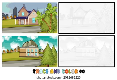 Reihe von Farbseiten, Trace und Farbe, Meer, Park, Stadt Sammlung von 2 Illustrationen. Farbbuch. Vektorgrafik für Kinder 