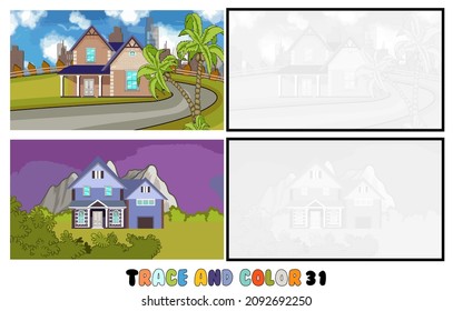 conjunto de páginas de color, Trace y color, sea ,park, city Collection of 2 ilustraciones. Libro de colorear. Ilustración vectorial para niños 