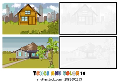 conjunto de páginas de color, Trace y color, sea ,park, city Collection of 2 ilustraciones. Libro de colorear. Ilustración vectorial para niños 