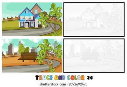 Reihe von Farbseiten, Trace und Farbe, Meer, Park, Stadt Sammlung von 2 Illustrationen. Farbbuch. Vektorgrafik für Kinder 