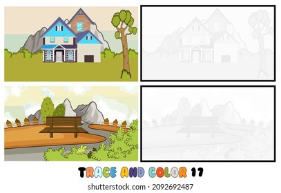 conjunto de páginas de color, Trace y color, sea ,park, city Collection of 2 ilustraciones. Libro de colorear. Ilustración vectorial para niños 