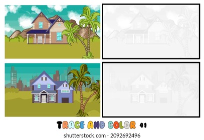 set of coloring pages ,Trace and color, sea ,park, city Collection of 2 illustrations. Coloring book. vector Illustration for children 