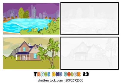 set of coloring pages ,Trace and color, sea ,park, city Collection of 2 illustrations. Coloring book. vector Illustration for children 