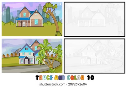 set of coloring pages ,Trace and color, sea ,park, city Collection of 2 illustrations. Coloring book. vector Illustration for children 