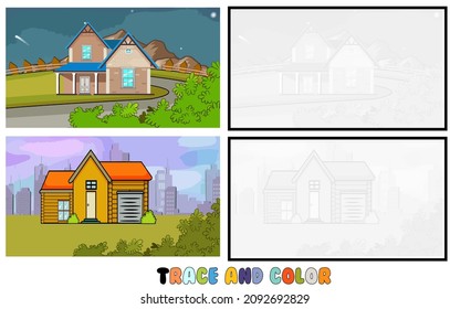 set of coloring pages ,Trace and color, sea ,park, city Collection of 2 illustrations. Coloring book. vector Illustration for children learning