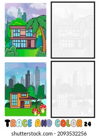 set of coloring pages ,Trace and color, sea ,park, city Collection of 2 illustrations. Coloring book. vector Illustration for children 24.
