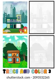 set of coloring pages ,Trace and color, sea ,park, city Collection of 2 illustrations. Coloring book. vector Illustration for children 3