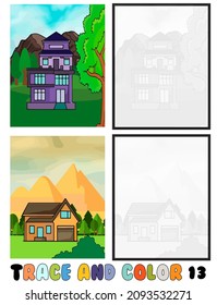 Reihe von Farbseiten, Trace und Farbe, Meer, Park, Stadt Sammlung von 2 Illustrationen. Farbbuch. Vektorgrafik für Kinder 13