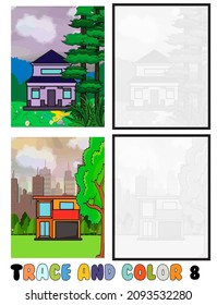 set of coloring pages ,Trace and color, sea ,park, city Collection of 2 illustrations. Coloring book. vector Illustration for children 8