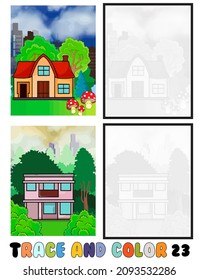 Reihe von Farbseiten, Trace und Farbe, Meer, Park, Stadt Sammlung von 2 Illustrationen. Farbbuch. Vektorgrafik für Kinder 23