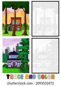 set of coloring pages ,Trace and color, sea ,park, city Collection of 2 illustrations. Coloring book. vector Illustration for children 1