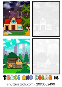 Reihe von Farbseiten, Trace und Farbe, Meer, Park, Stadt Sammlung von 2 Illustrationen. Farbbuch. Vektorgrafik für Kinder 18