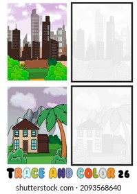 set of coloring pages ,Trace and color, sea ,park, city Collection of 2 illustrations. Coloring book. vector Illustration for children 26