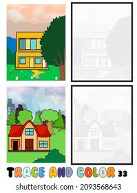 set of coloring pages ,Trace and color, sea ,park, city Collection of 2 illustrations. Coloring book. vector Illustration for children 33