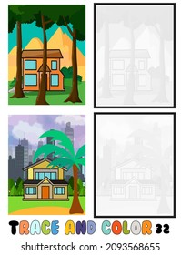 Reihe von Farbseiten, Trace und Farbe, Meer, Park, Stadt Sammlung von 2 Illustrationen. Farbbuch. Vektorgrafik für Kinder 32
