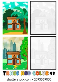 Reihe von Farbseiten, Trace und Farbe, Meer, Park, Stadt Sammlung von 2 Illustrationen. Farbbuch. Vektorgrafik für Kinder 47