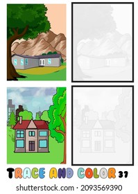 set of coloring pages ,Trace and color, sea ,park, city Collection of 2 illustrations. Coloring book. vector Illustration for children 37