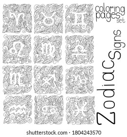 set of coloring pages zodiac signs drawing using doodle motifs, foliage patterns and negative space, vector outline illustrations for design and creativity