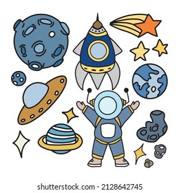 Set of coloring planet galaxy doodles element design. vector illustration. astronout,star, galaxy, ufo, rocket