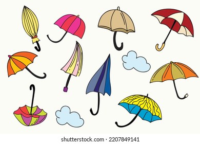 Set of coloring umbrella doodles  isolated on white background