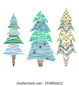 Set of coloring various lagom firs with hatching scribble style. Hand-drawn Christmas trees with toys. Vector ink element for cards, stamps, banners and your creativity