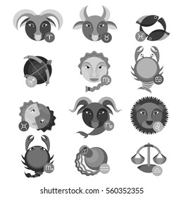 Set of colorless astrology signs. Fire aries near leo and sagittarius, earth signs are taurus, virgo and capricorn, air gemini, water signs cancer with scorpio and pisces,libra and aquarius vector
