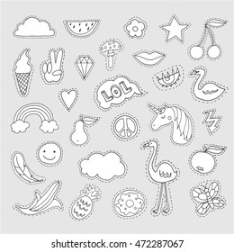 Set of colorless cartoon patch badges, fashion pin badges, hand drawn vector illustration