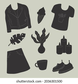 A set of colorless illustrations of objects. An illustration of About me concept that shows the person's character through objects of daily life.