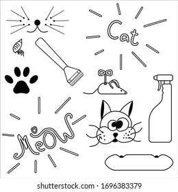 Set of colorless items on cat's theme