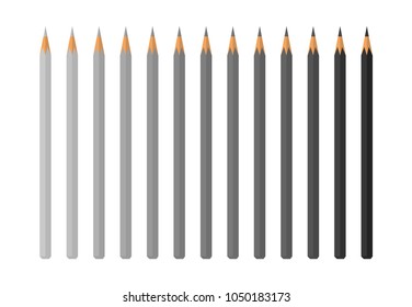 Set of colorless pencils vector illustration isolated on white. Drawing instruments for creating pictures, pencil silhouettes for your design