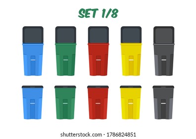 A set of colorlul isolated rollout heavy-duty wheeled trash/garbage cans, vector illustrations