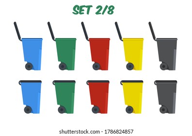 A set of colorlul isolated rollout heavy-duty wheeled trash/garbage cans, vector illustrations