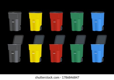 A set of colorlul isolated rollout heavy-duty wheeled trash/garbage cans, vector illustrations