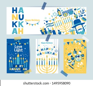 Set of colors four Hanukkah greeting cards and banner with candles, dreidel, Jewish star, oil, menorah, donut, cupcake, confetti, letters. Layout for Festival of Lights.