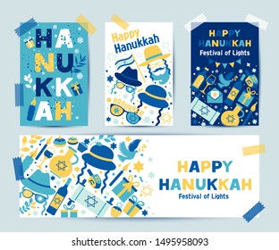 Set of colors four Hanukkah greeting cards with candles, dreidel, Jewish star, oil, menorah, donut, cupcake, confetti, letters. Layout for Festival of Lights invitation, Jewish greeting cards.