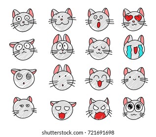 Set of Colors hand drawn Cats on white background. Cats emotions icons.