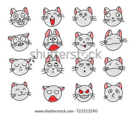 Set of Colors hand drawn Cats on white background. Cats emotions icons.