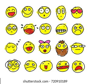 Set of Colors hand drawn emoticon smiles on white background. Isolated icons. Funny icons foe your design. Vector. Drawing elements. Kawaii.