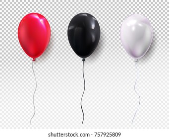 Set colors helium balloon. Birthday balloon red, black, white, flying for party and celebrations. For your design and business. Vector illustration. Isolated on transparent background