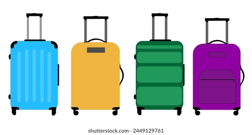 Set of colors icon wheeled travel bag with hand. Plastic travel suitcase isolated on white background.