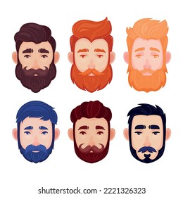 Set of colors icons with bearded men. Six men with different color hair, hairstyles, beards and must