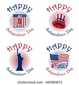 Set colors icons for Independence Day. Fourth of July. Happy Independence Day of America. Statue of Liberty, US flag, star, Uncle Sam's hat, calendar. Vector icon isolated on white background