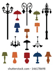 Set of colors lamps and city street lanterns-vector